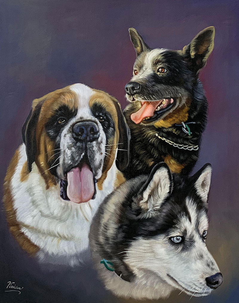 Painting of a Saint Bernard, Australian Cattle Dog, and Siberian Husky.