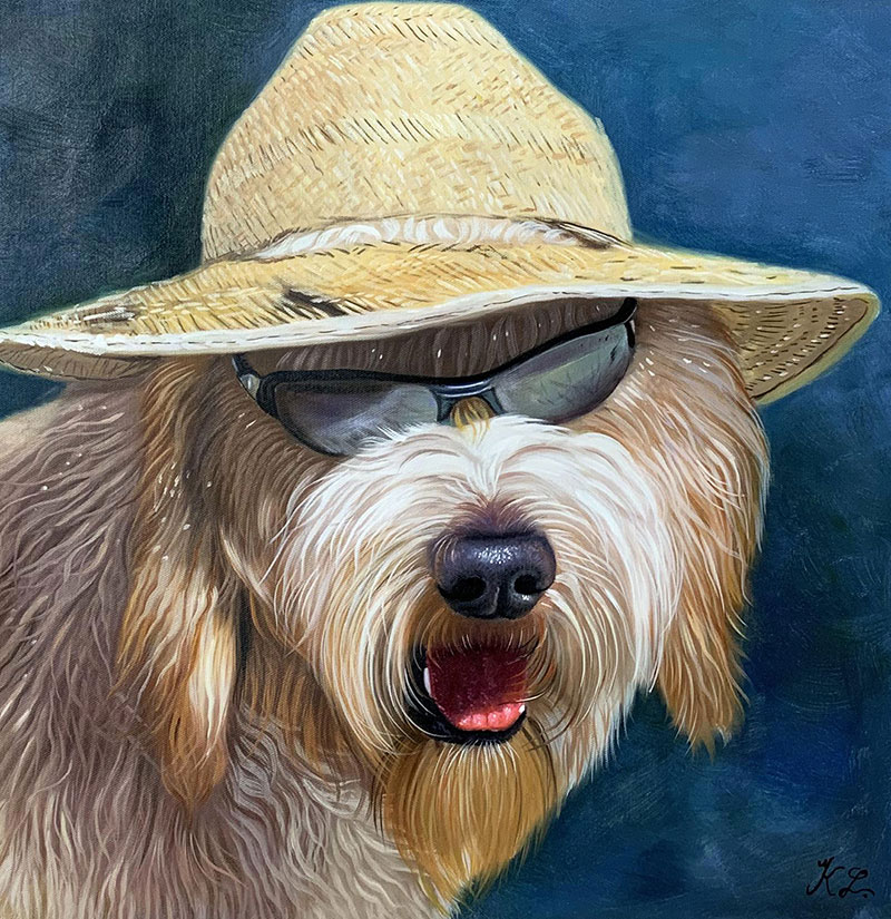 Stunning oil painting of a dog with a hat and sunglasses