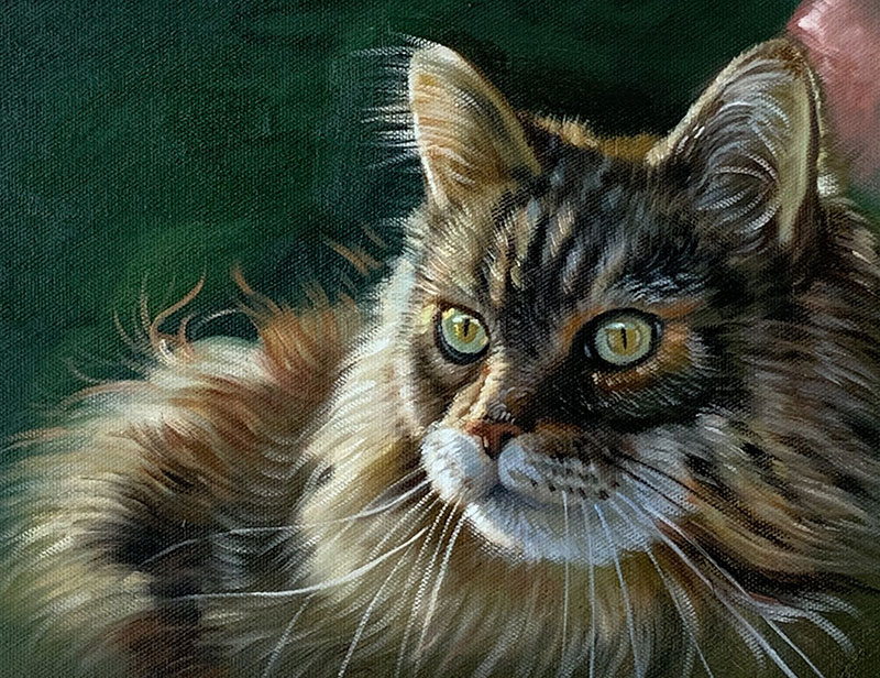 Painting of a longhaired tabby cat with green eyes