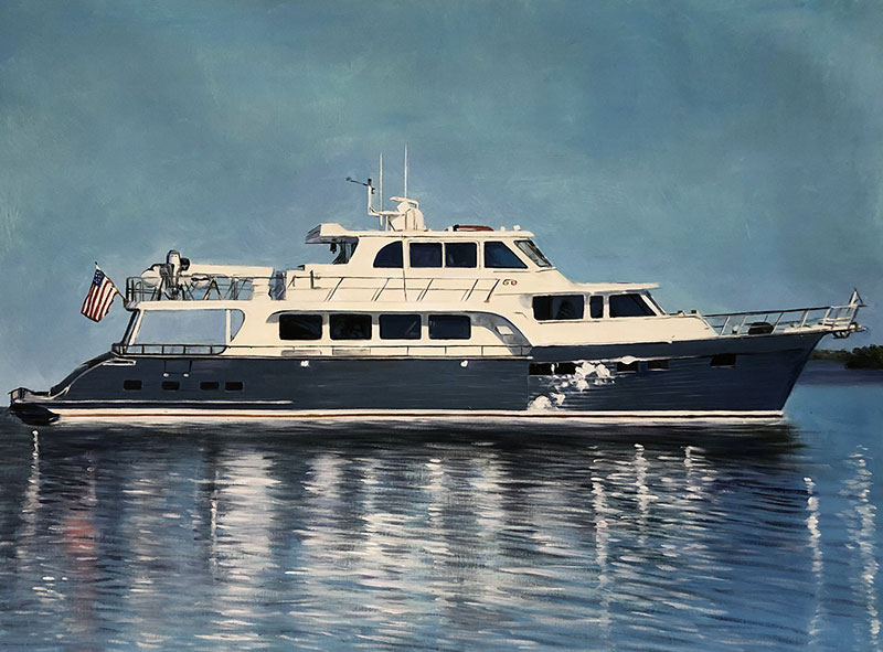 Hand drawn oil painting of a yacht