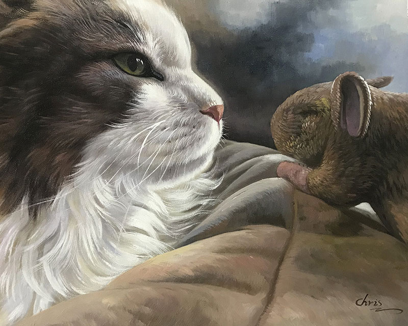 Beautiful oil painting of a cat with a toy mouse