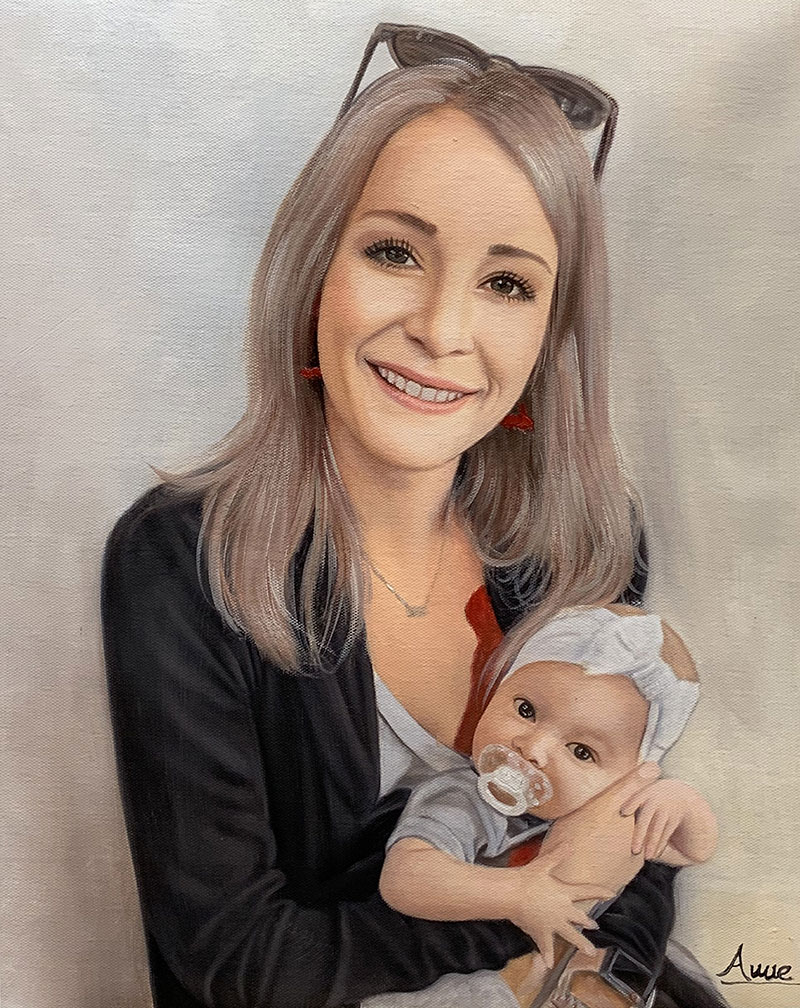 Personalized oil painting of a woman holding a baby
