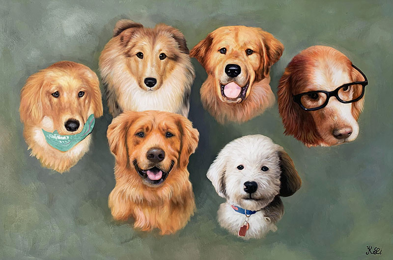 Painting of six dogs: a Shetland Sheepdog, three Golden Retrievers, a dog wearing glasses, and a small fluffy white dog.