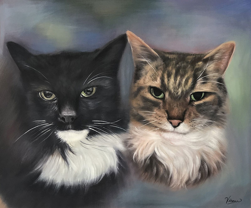 Painting of a black and white cat and a tabby cat side by side.