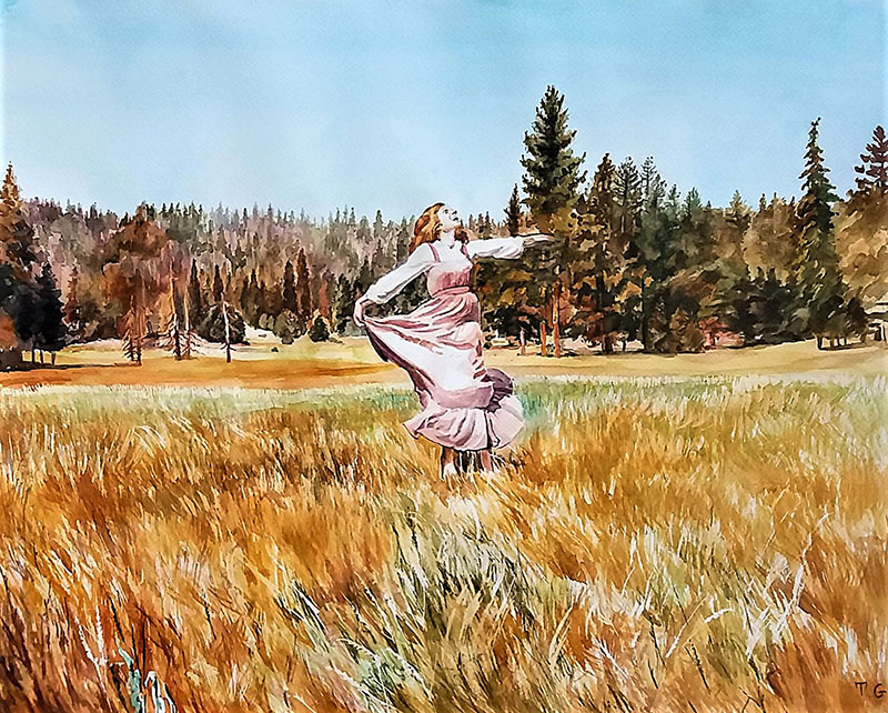 Stunning watercolor painting of a girl in the nature