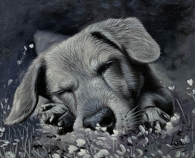 Beautiful hand drawn oil painting of  a dog