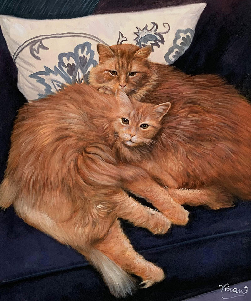 Painting of two orange longhaired cats cuddling on a dark blue couch.