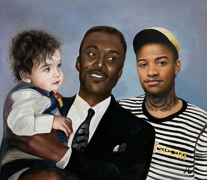 Painting of a man in a suit holding a toddler, with another man standing beside them.