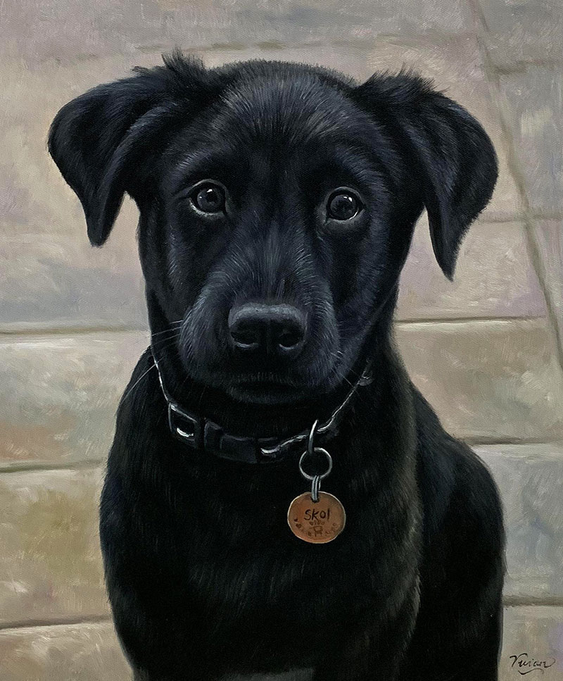 Custom oil painting of a black puppy