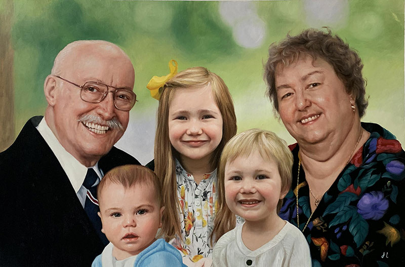 Painted portrait of grandparents with three grandchildren.