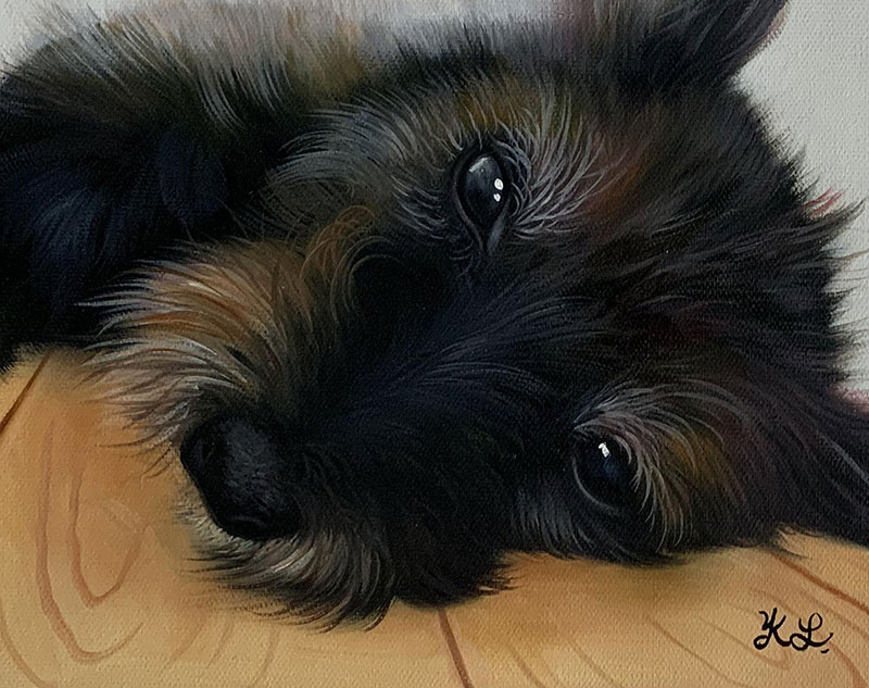 Close up oil artwork of a dog