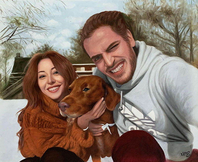 Gorgeous oil painting of a couple with a dog