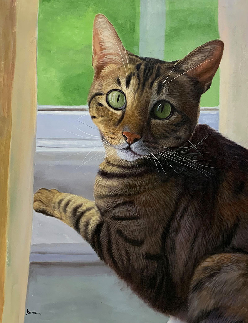 Painting of a brown tabby cat with green eyes looking at the viewer from a windowsill.