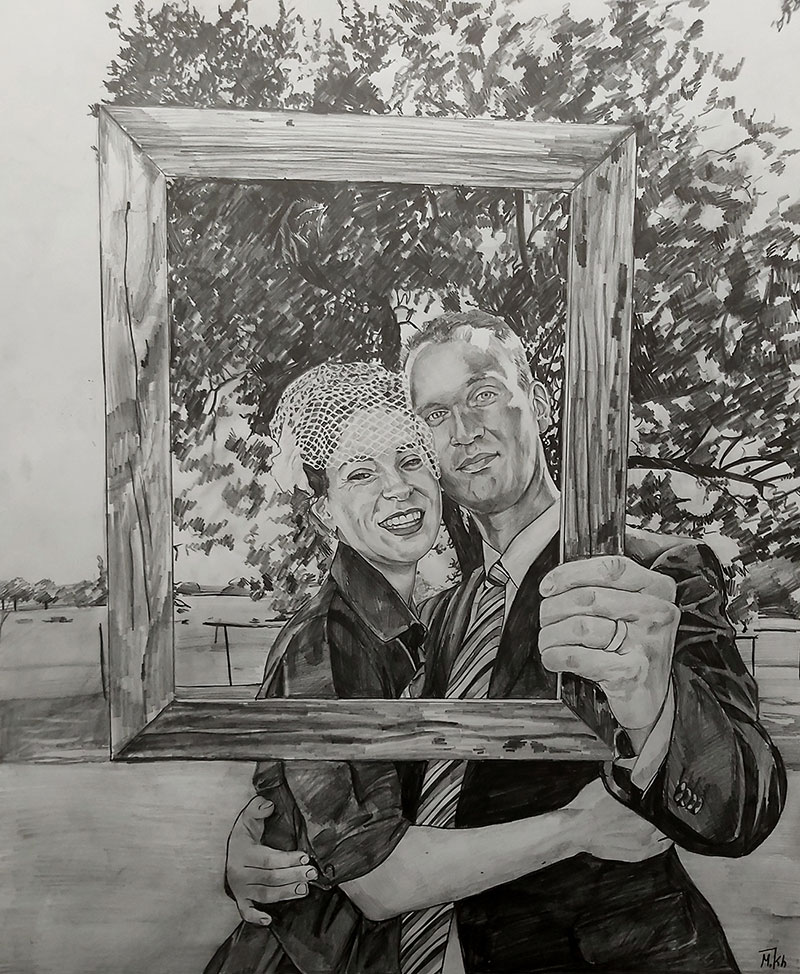Beautiful black pencil artwork of a happy couple