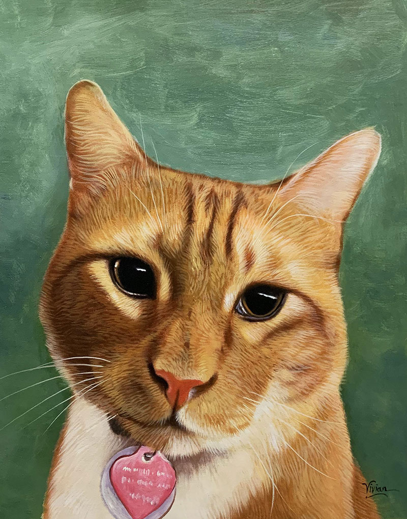 Close up oil artwork of a cat with a solid background