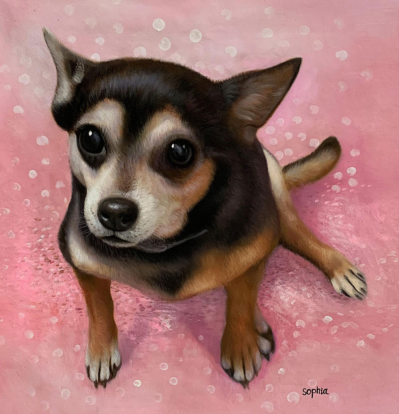 Beautiful oil artwork of a dog with a pink background