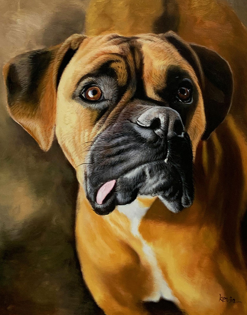 Close up handmade oil artwork of a dog
