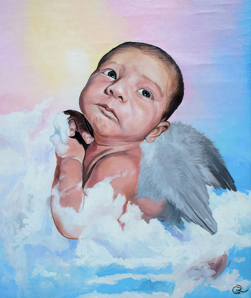 Beautiful hand drawn oil painting of a baby