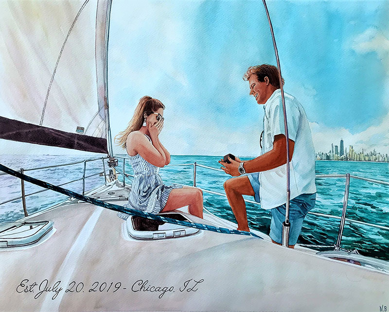 Beautiful watercolor painting of a happy couple on the yacht