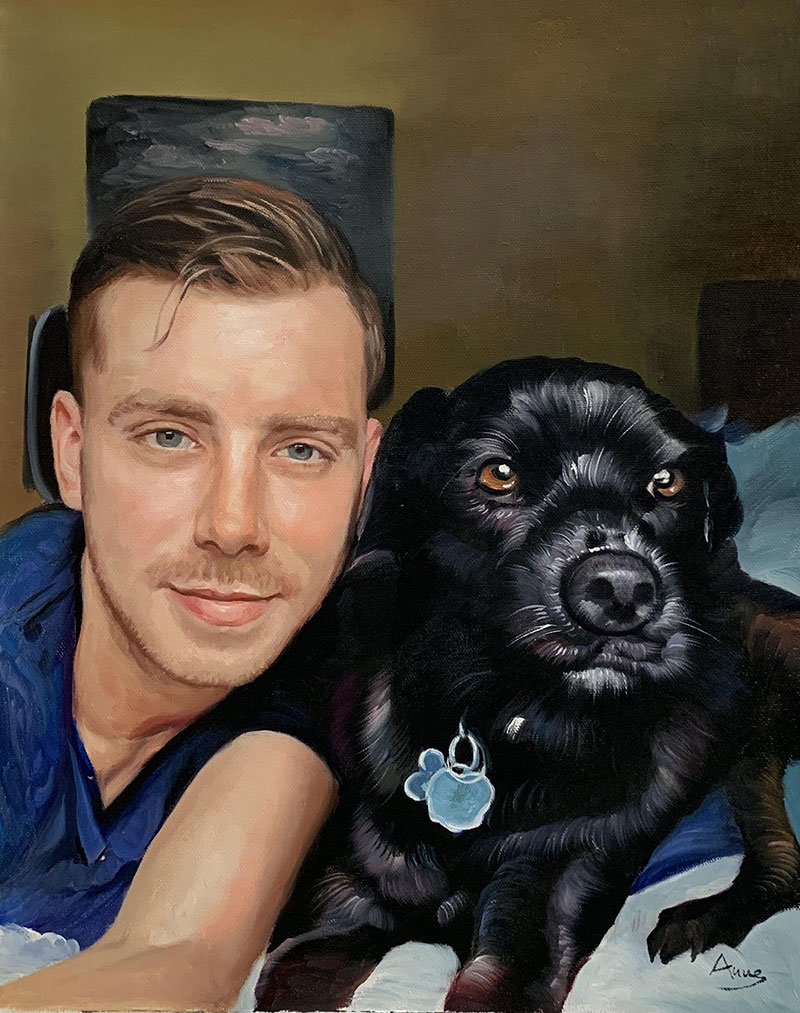 Close up oil painting of a man with a dog