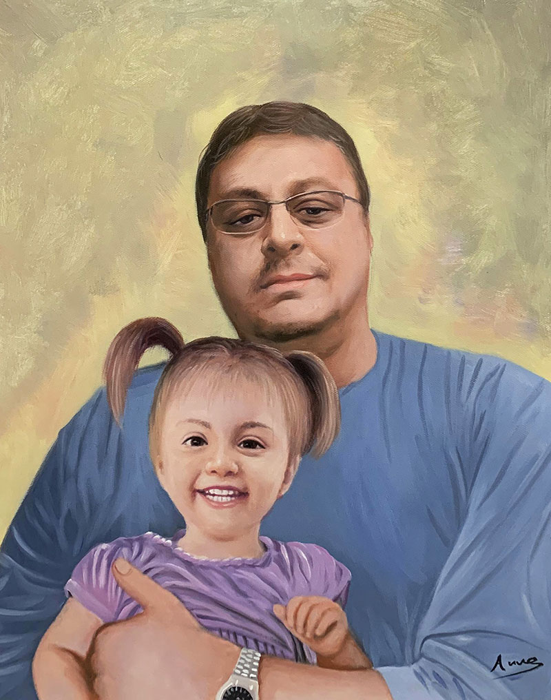 Beautiful oil painting of a man holding a girl