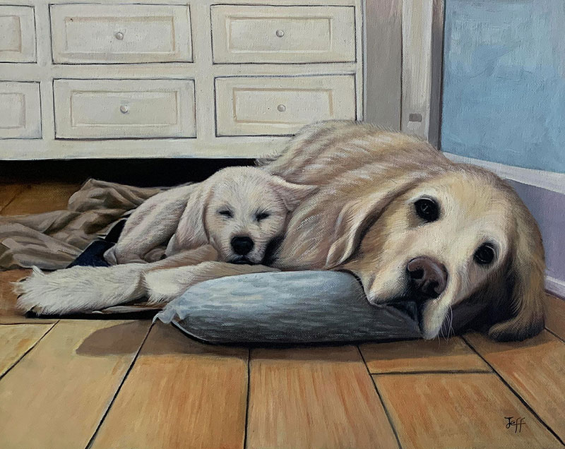 Custom oil painting of a dog and a puppy