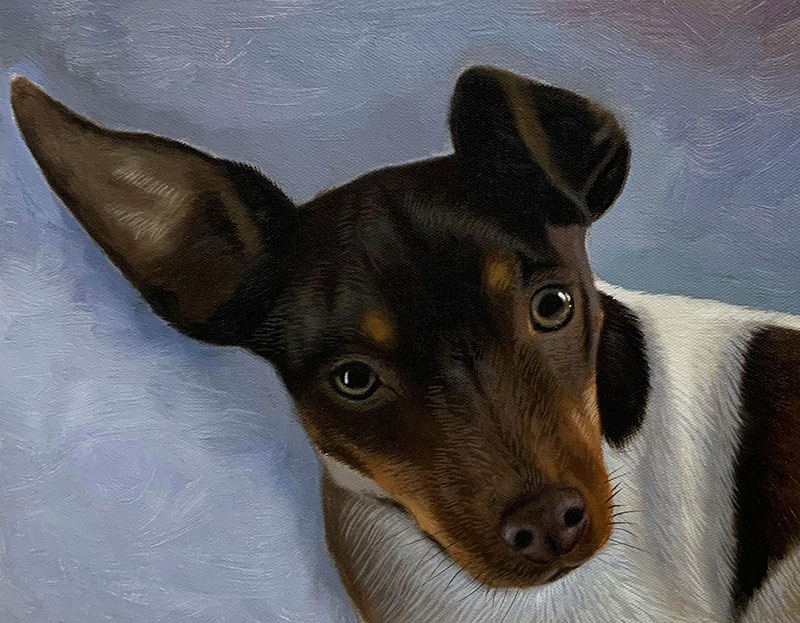 Close up oil artwork of a dog
