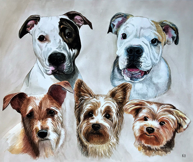 Handmade watercolor painting of five dogs