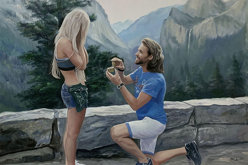 Stunning hand drawn oil painting of a happy couple