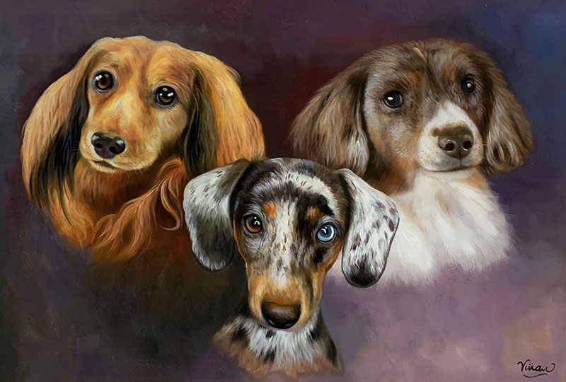 Painting of three dachshunds.