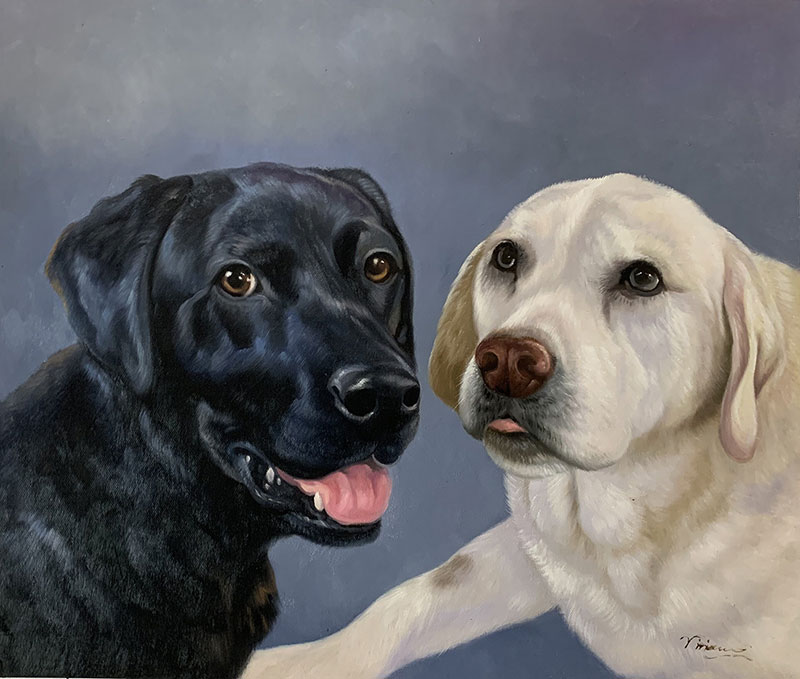 Custom hand drawn oil painting of two dogs