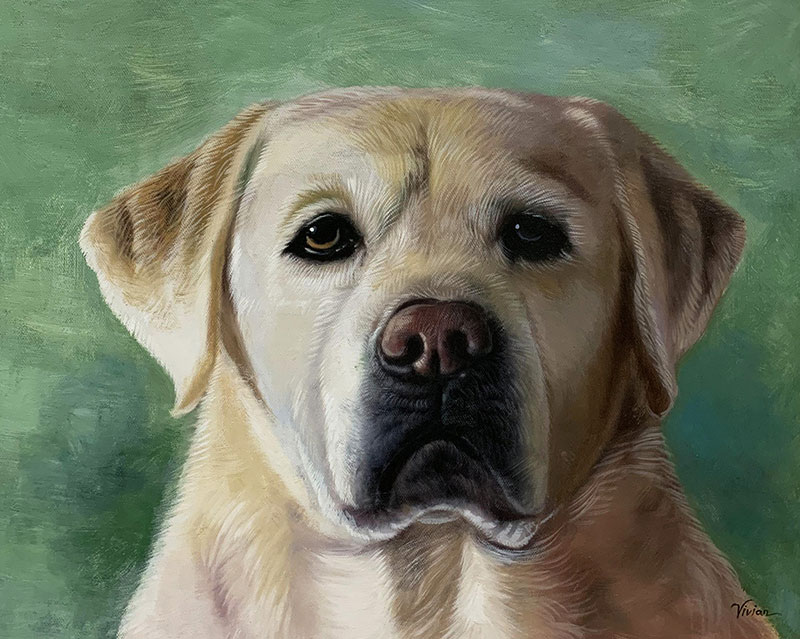 Close up oil painting of a dog with a solid background