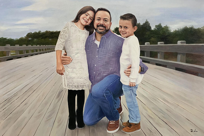 Painting of a father kneeling with his daughter and son on a bridge.