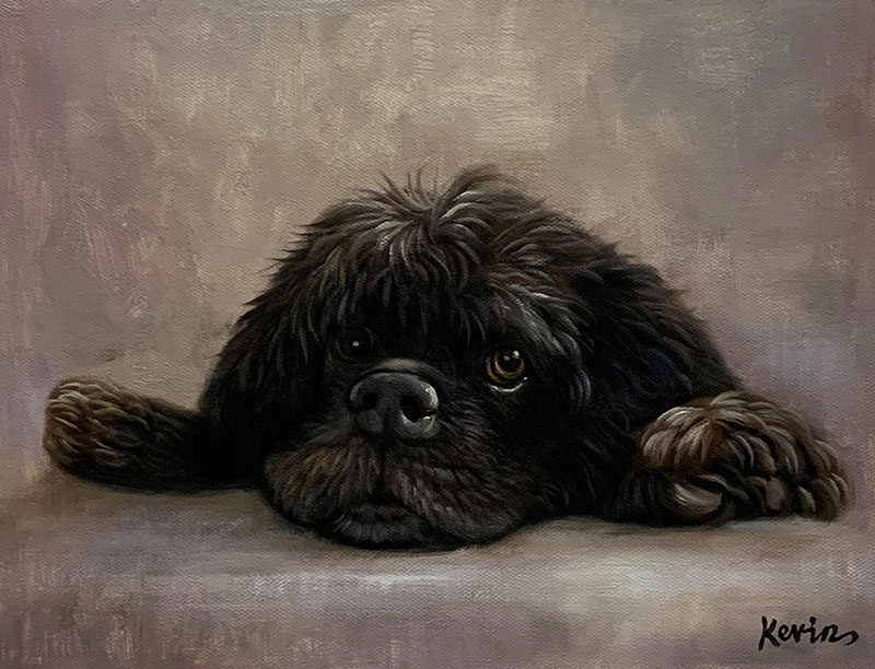 Beautiful oil painting of a black dog