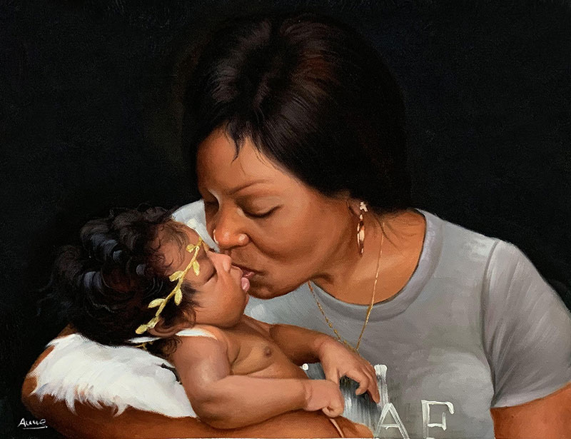 Custom oil painting of a woman kissing a baby