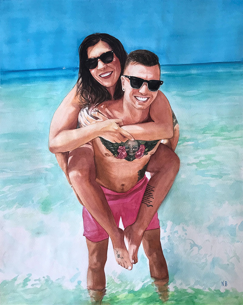 Custom watercolor painting of couple by the sea