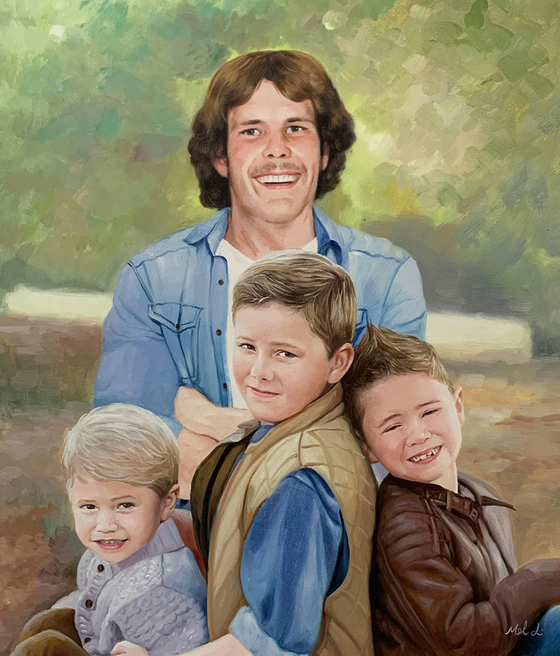 Oil painting of a father and his three sons