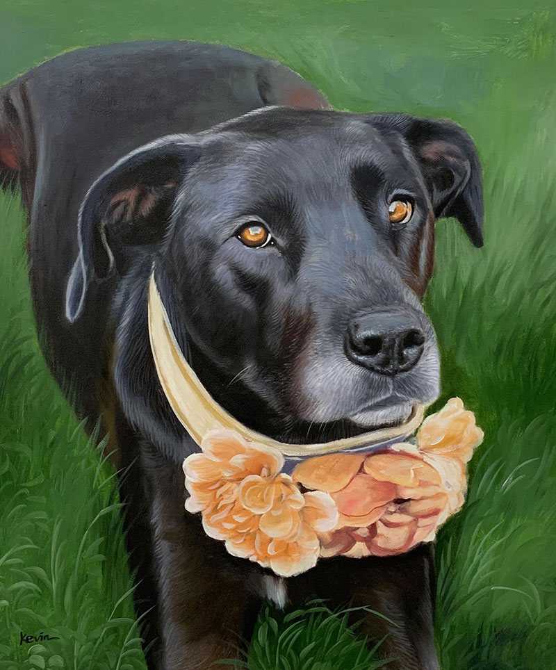 Painting of a black dog wearing a flower collar in the grass