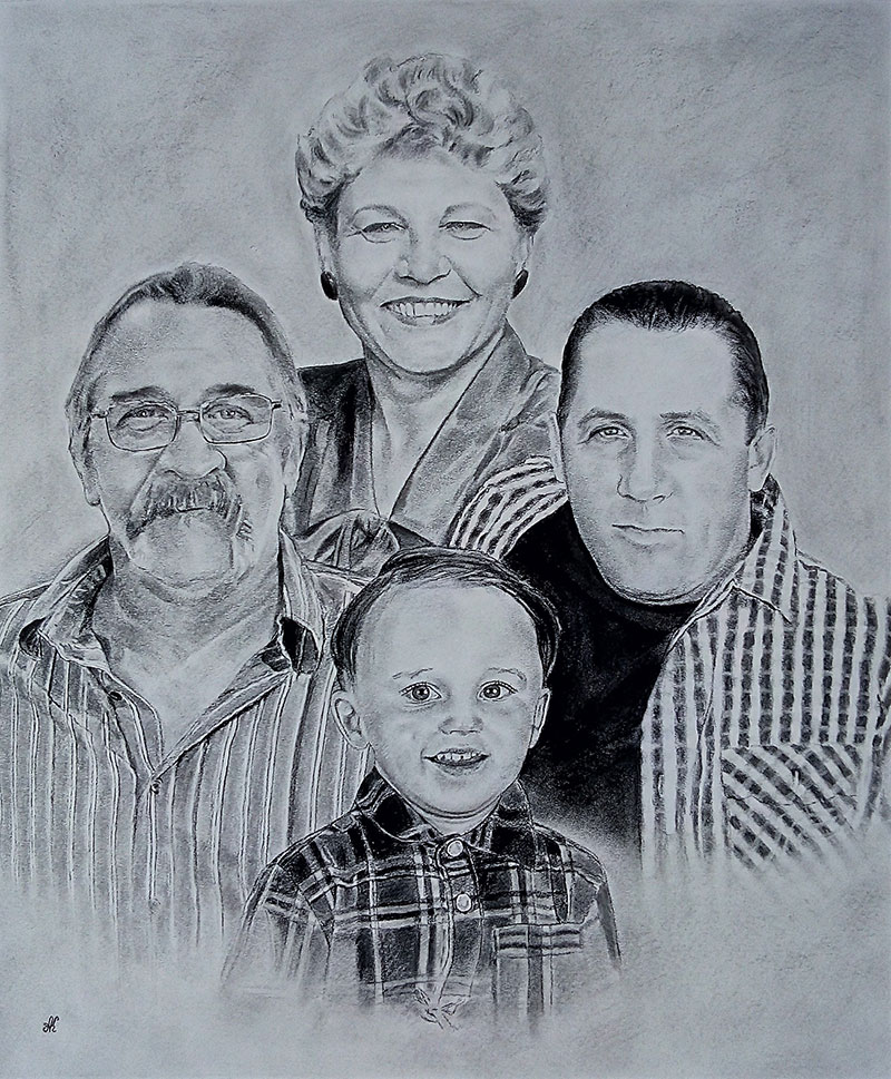 customized charcoal drawing of a family