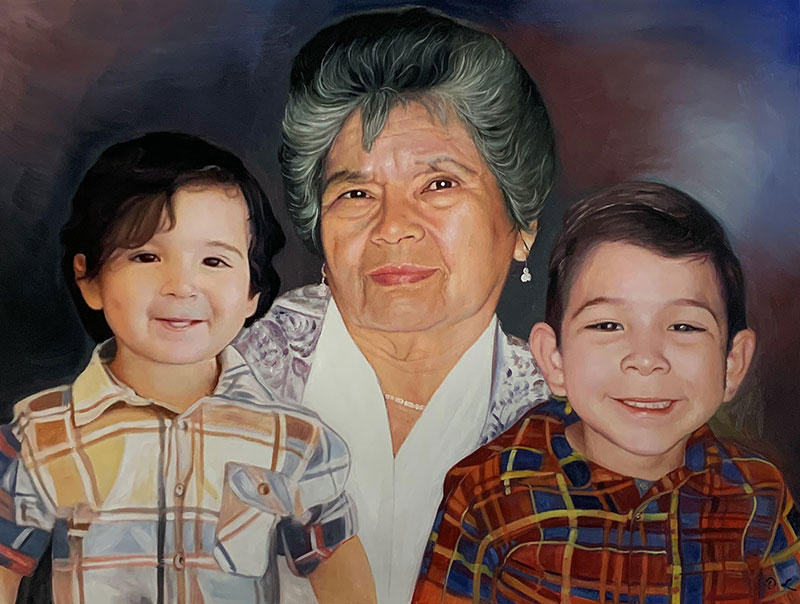 Personalized oil painting of a grandmother with two grandson