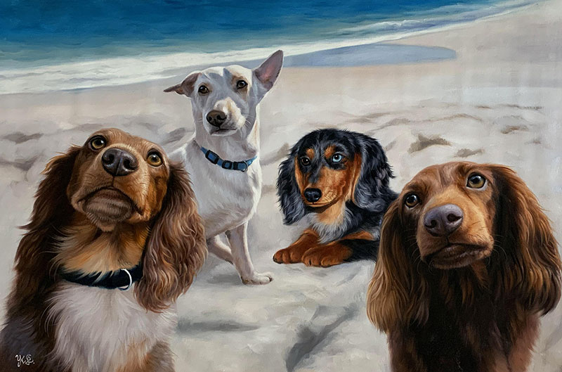 Custom oil painting of the four dogs