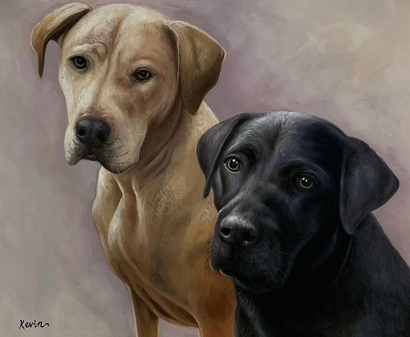 Painting of a tan and a black Labrador Retriever.