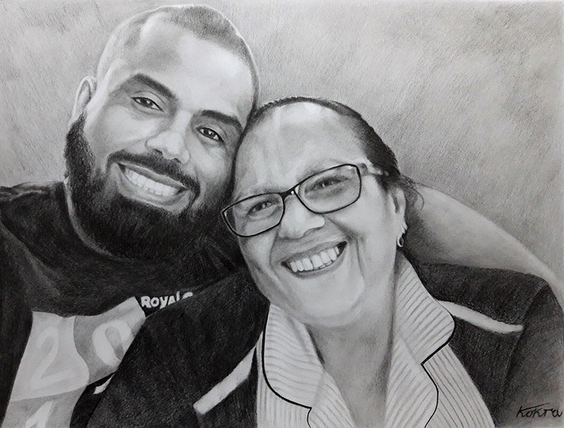 Custom black pencil painting of a mother and a son
