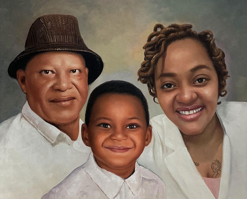 Painting of a family portrait: an older man in a hat, a young boy, and a young woman.