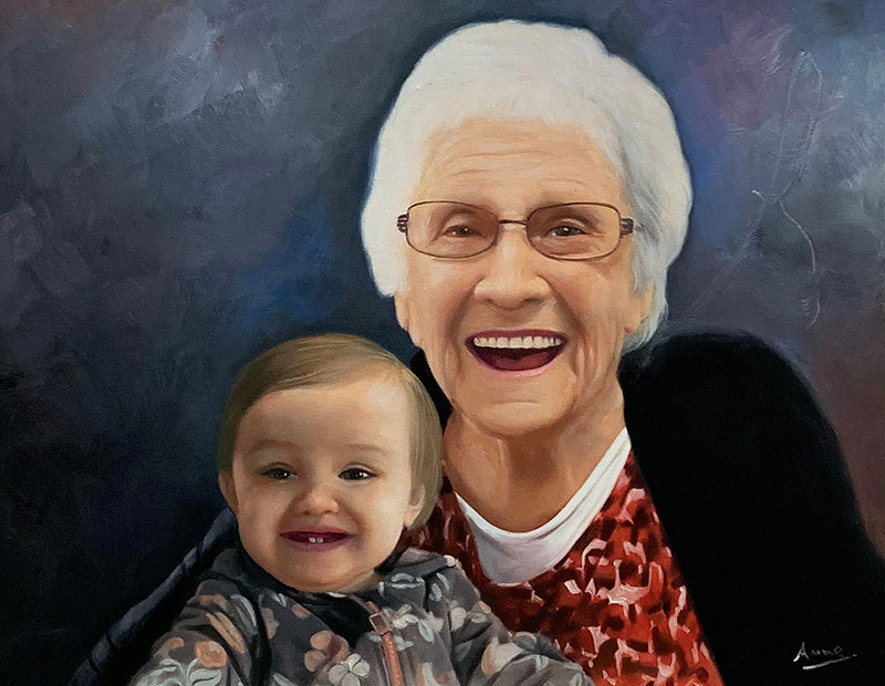Gorgeous oil painting of a grandmother and a granddaughter