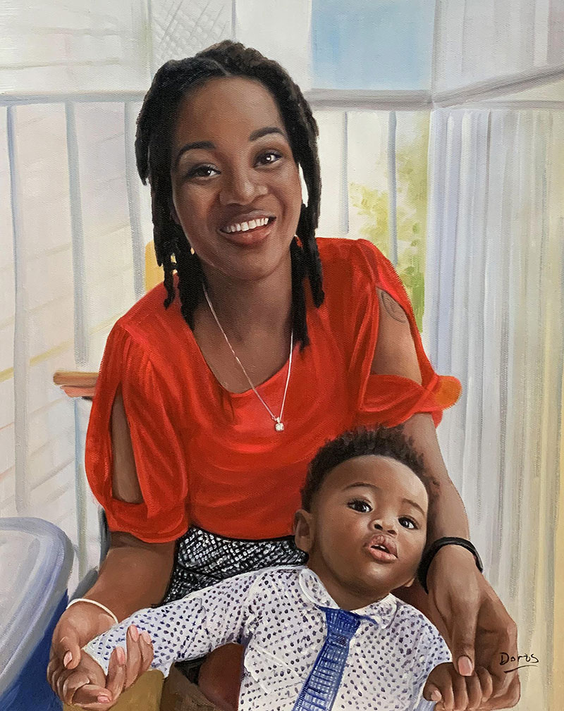 Beautiful oil painting of a mother and a son