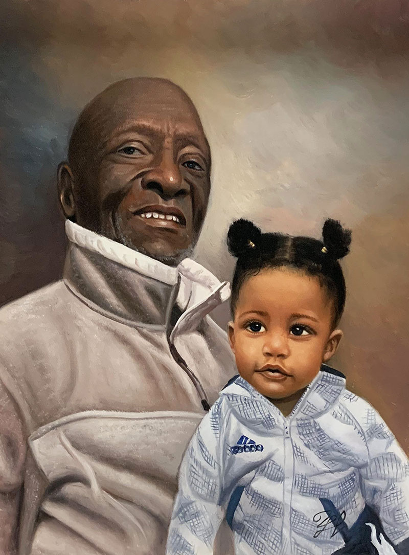Oil painting portrait of an elderly Black man and a young Black girl.