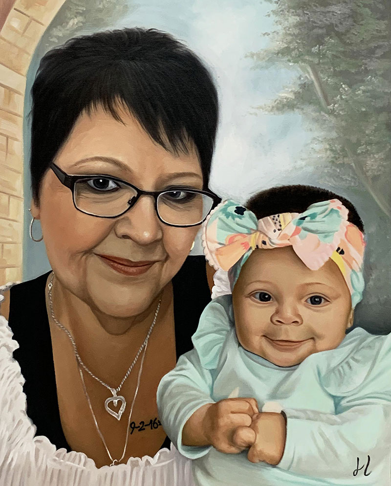 Close up oil painting of a grandmother and a grandchild