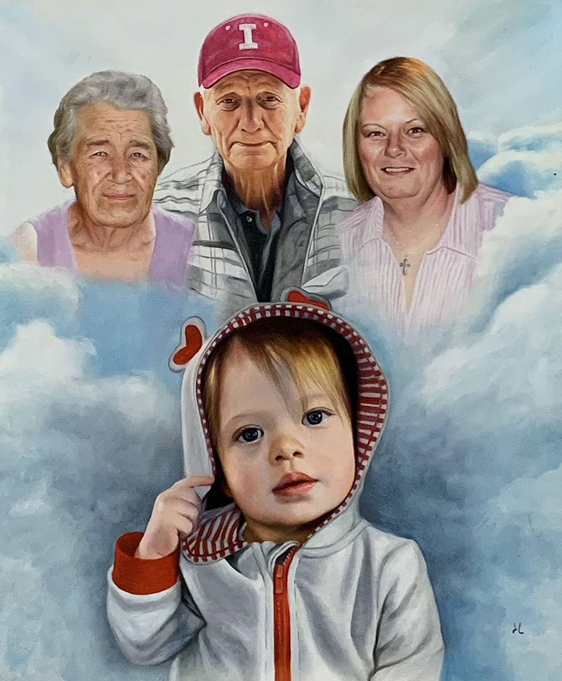 Gorgeous oil artwork of the grandparents and the grandson