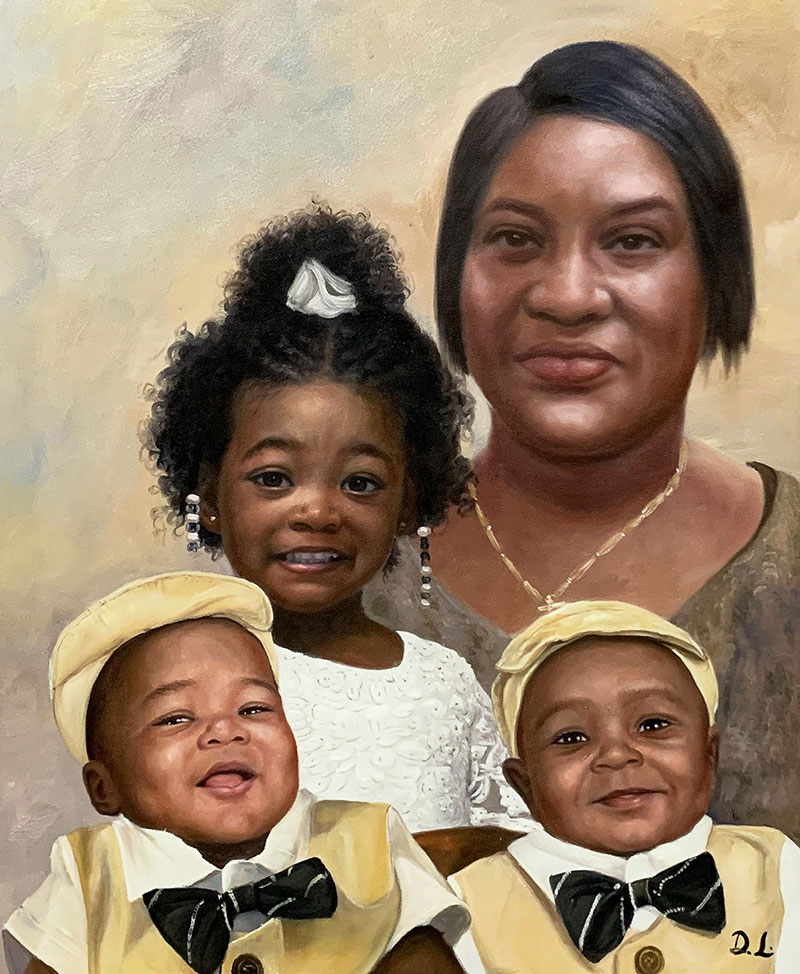 Custom oil painting of a woman with three children